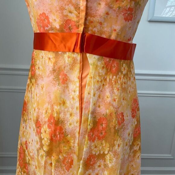 Vintage 60s 70s Orange Yellow Garden Party Chiffon Floral Gown Long Dress 4 6 S - Picture 6 of 9